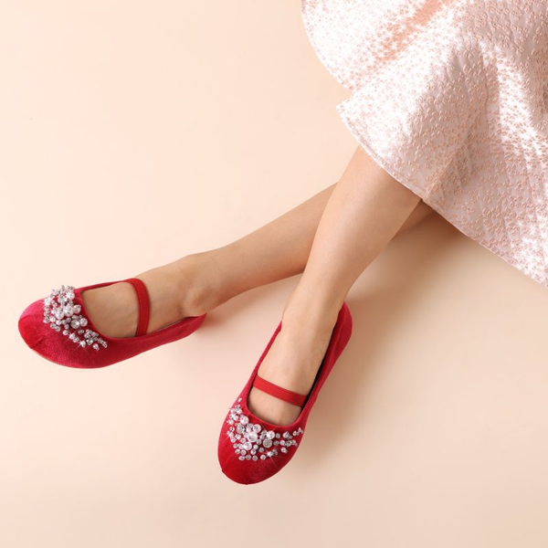 Girl's Mary Jane Pearl Ballerina Flats - RED SUEDE - 1